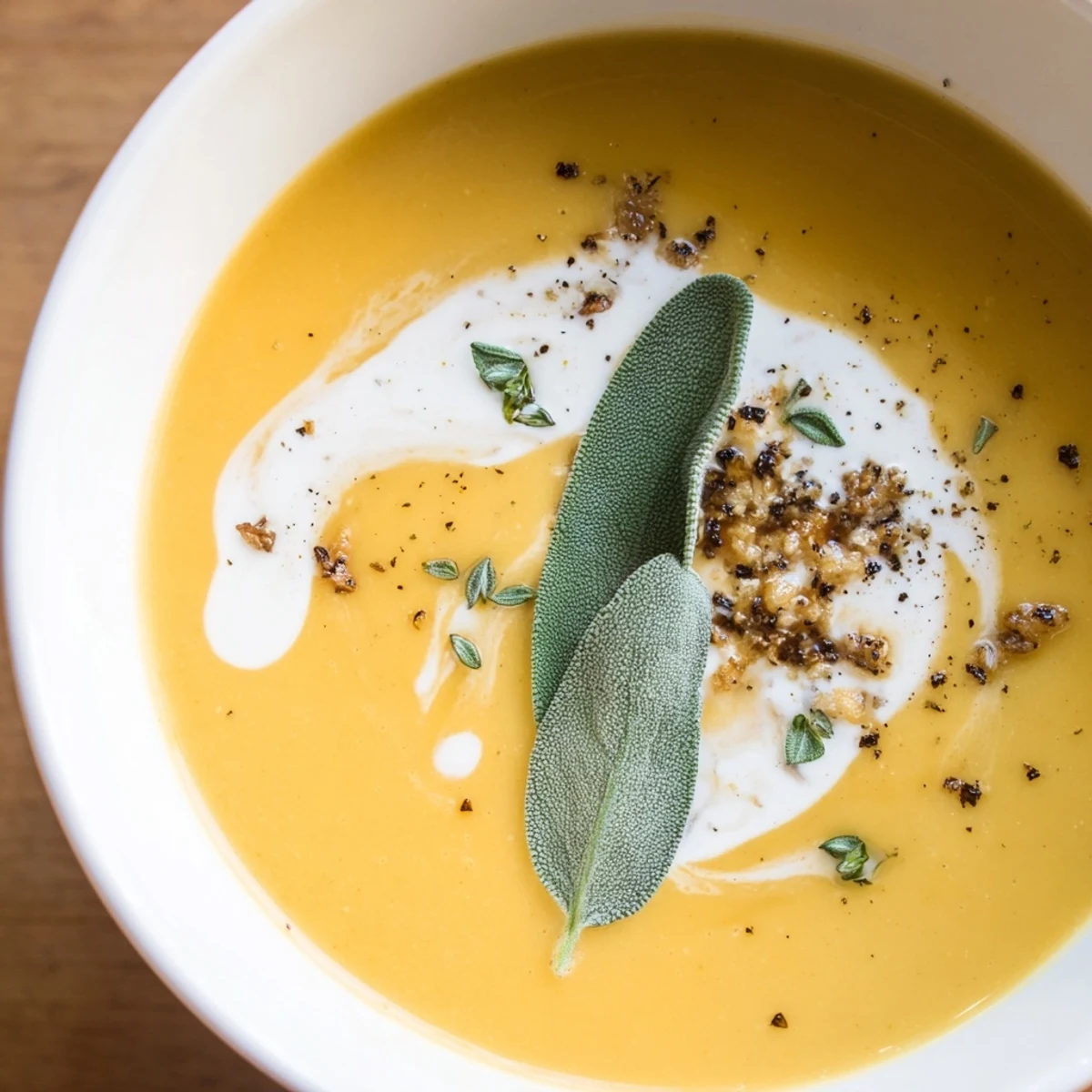Silky Butternut Squash and Apple Soup with Sage topped with fresh herbs and cream.