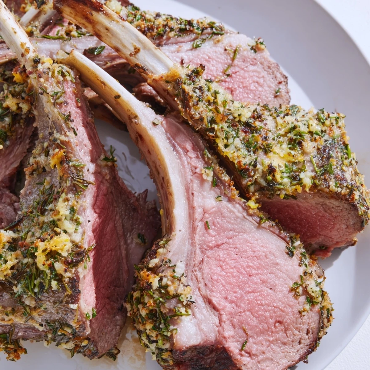 Herb Crusted Rack of Lamb with Mustard rests on a platter, its herb-coated crust perfectly browned and glistening.