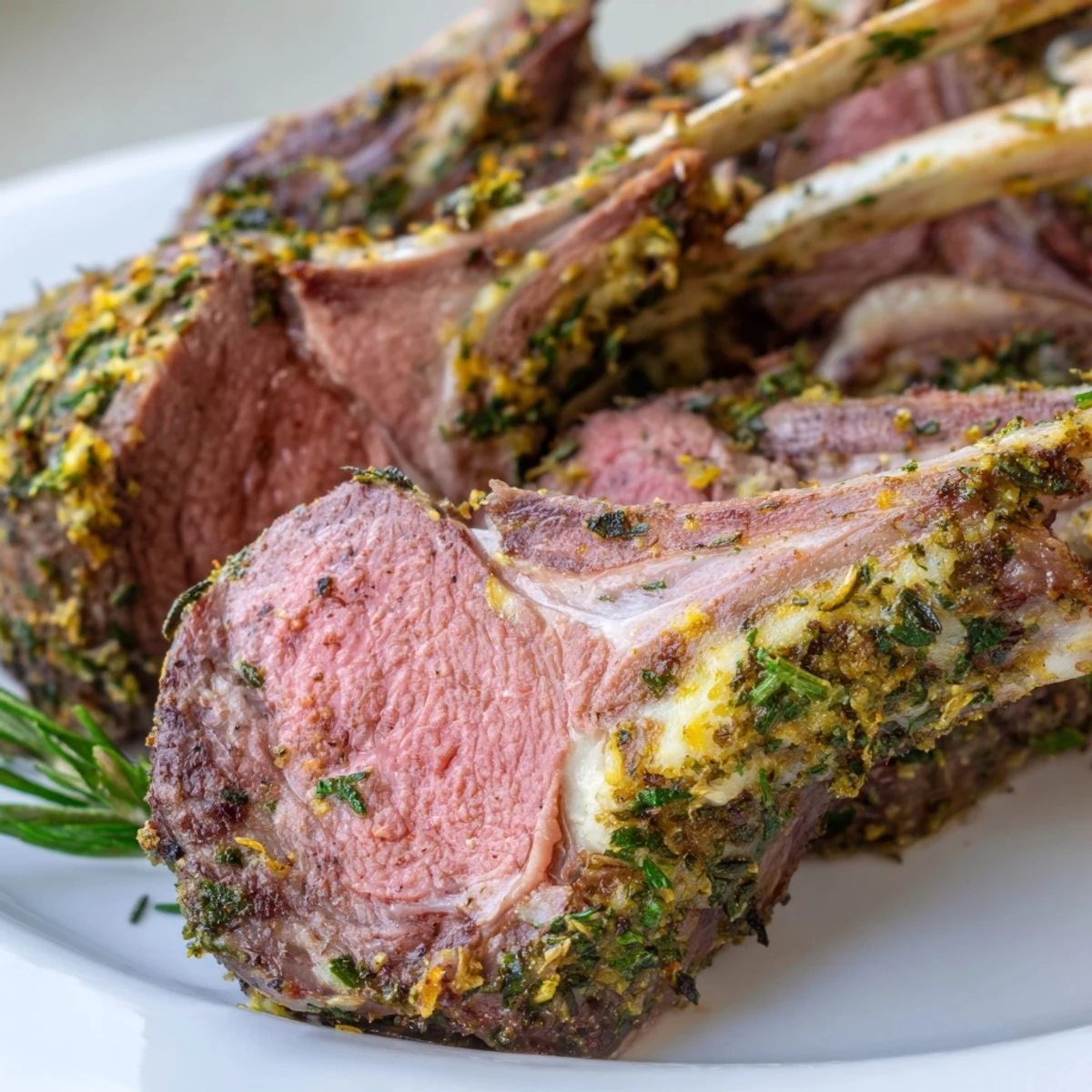 A juicy Herb Crusted Rack of Lamb with Mustard is sliced into chops, revealing a tender pink center.