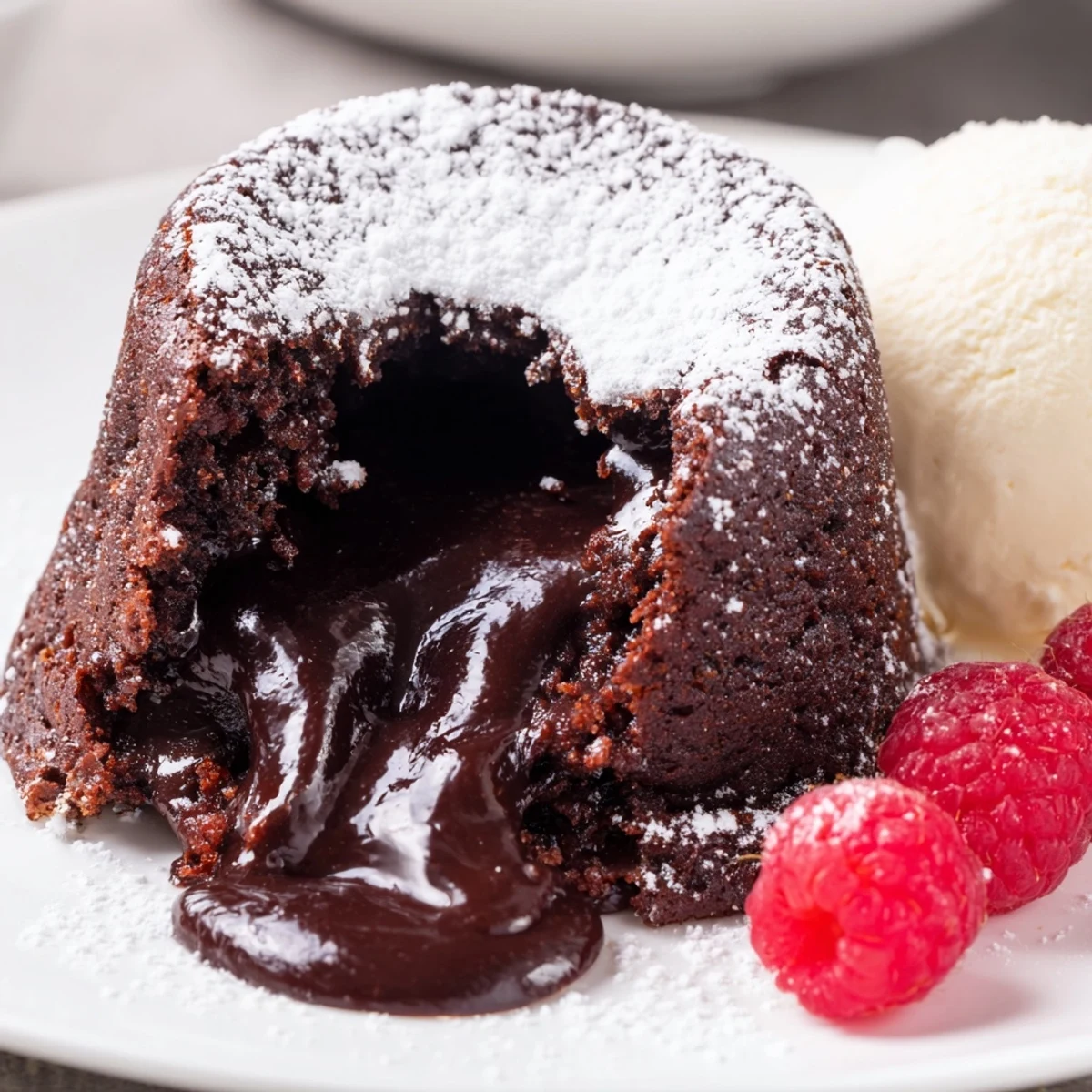 A spoon breaks into a rich Chocolate Lava Cakes with Molten Center, revealing a gooey, flowing center next to a dusting of powdered sugar.