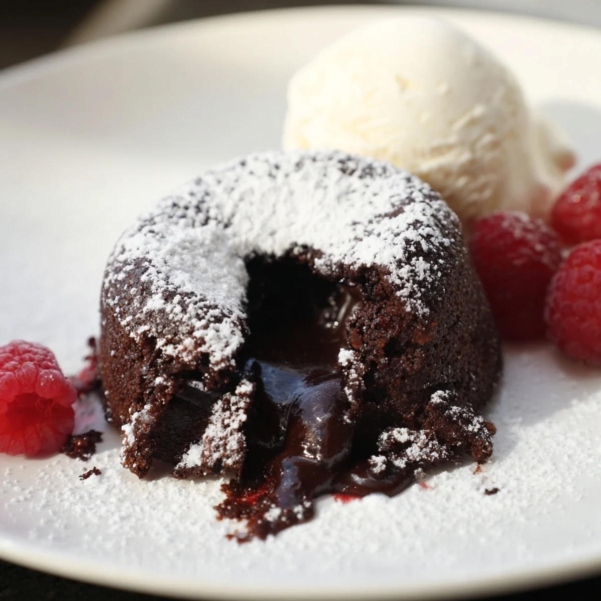 Fresh berries and vanilla ice cream pair with warm Chocolate Lava Cakes with Molten Center on a rustic plate for an elegant dessert.