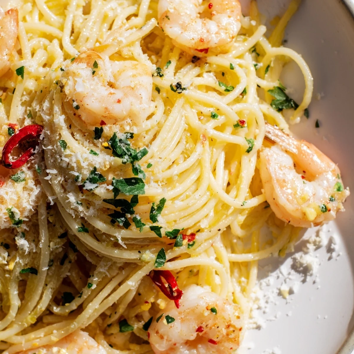 A close-up of Garlic Butter Shrimp Pasta with Chili, featuring juicy pink shrimp on al dente spaghetti tossed in a glossy garlic-chili butter sauce.