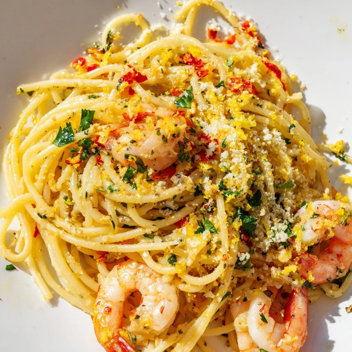 Platter of Garlic Butter Shrimp Pasta with Chili garnished with lemon wedges and grated Parmesan, steaming after a quick 30-minute sauté.