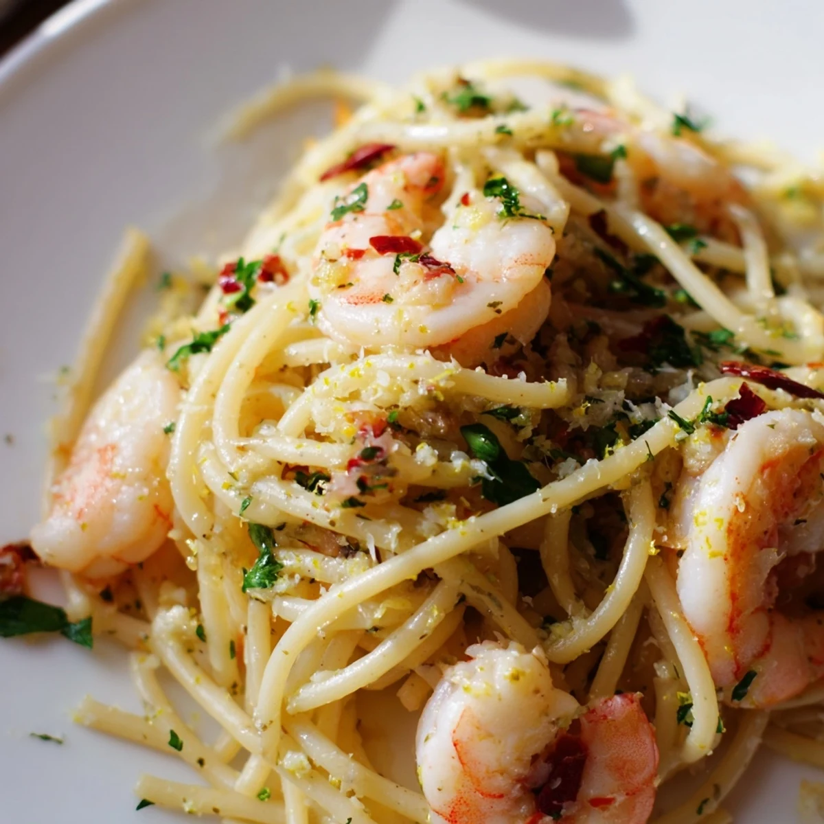 Fork twirling a serving of Garlic Butter Shrimp Pasta with Chili next to a glass of white wine and fresh parsley garnish.