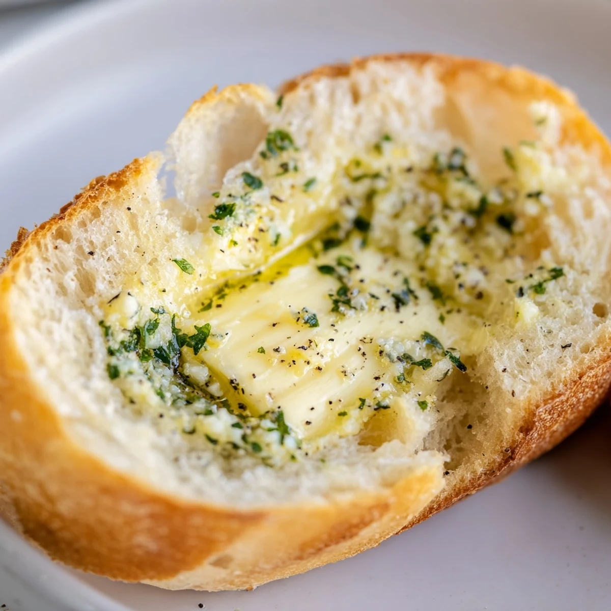 Golden brown garlic toast topped with melted butter, fresh parsley, and minced garlic on a rustic plate.