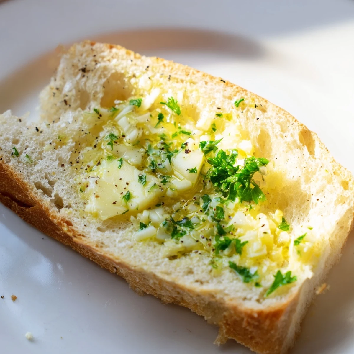 Freshly baked garlic bread, brushed with herb butter and golden edges, served on a wooden board.
