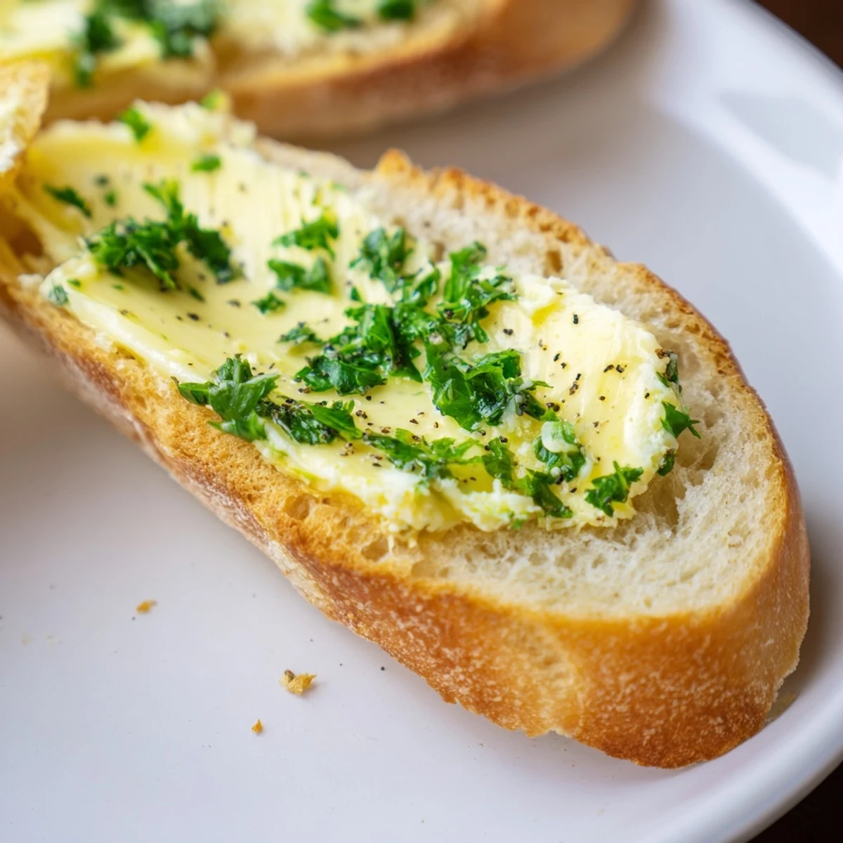 Warm, crispy garlic butter toast slices arranged next to a creamy bowl of tomato soup.