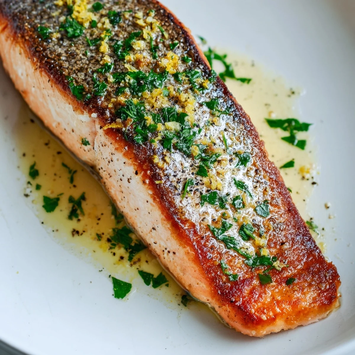Juicy salmon with crisp skin, drizzled with lemon butter sauce and fresh parsley garnish.