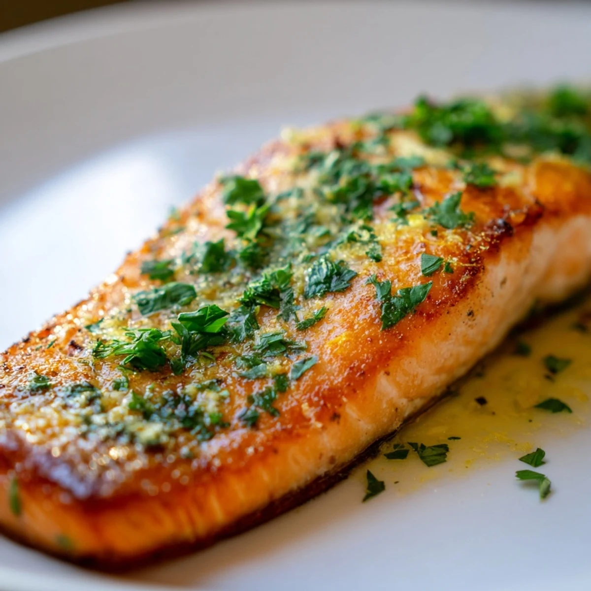 Golden-brown crispy skin salmon fillets with lemon zest and parsley garnish on a white plate.