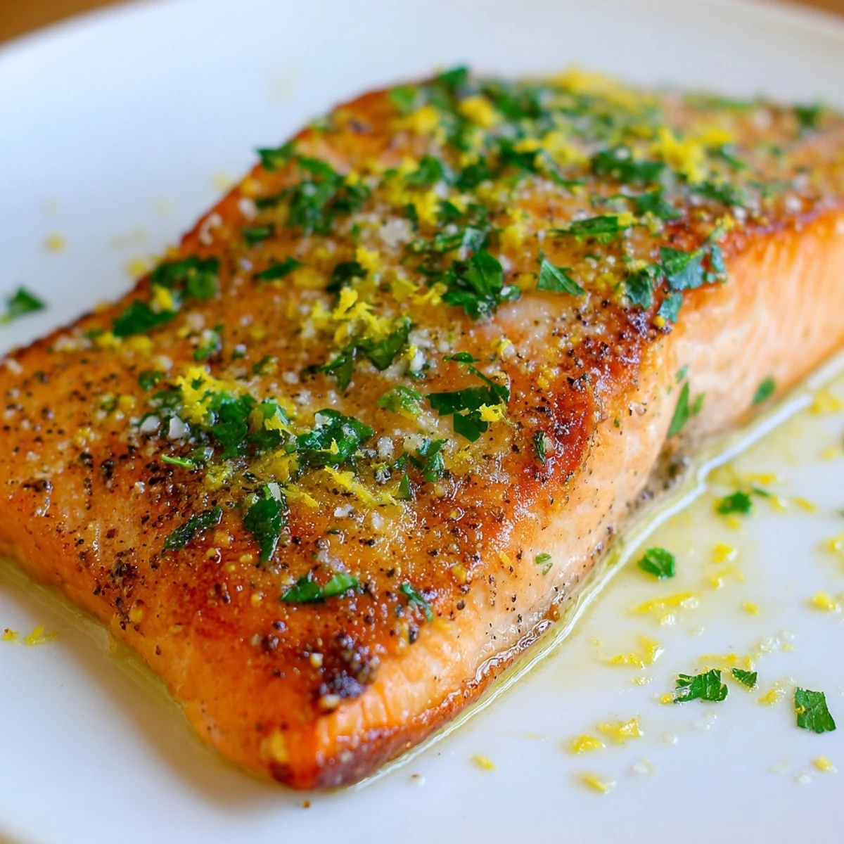 Crispy Skin Salmon with Lemon fillets served on a plate with lemon wedges and greens.