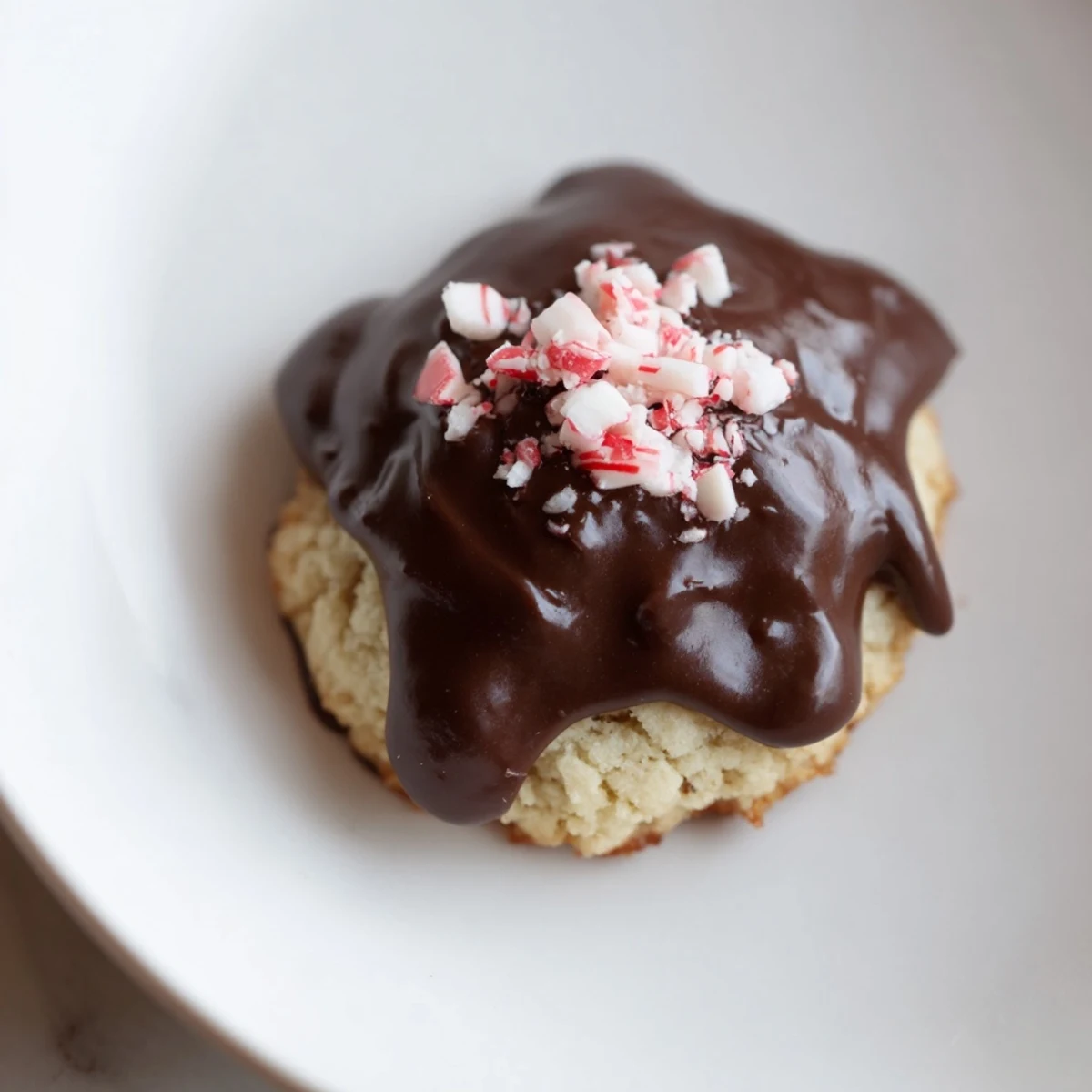 Festive Peppermint Drop with Chocolate cookies, drizzled generously and sprinkled with crushed candy canes for a holiday treat.