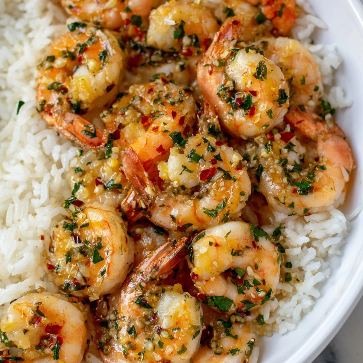Lemon Garlic Shrimp over Rice with fluffly white grains and zesty lemon wedges, ready for a quick dinner.