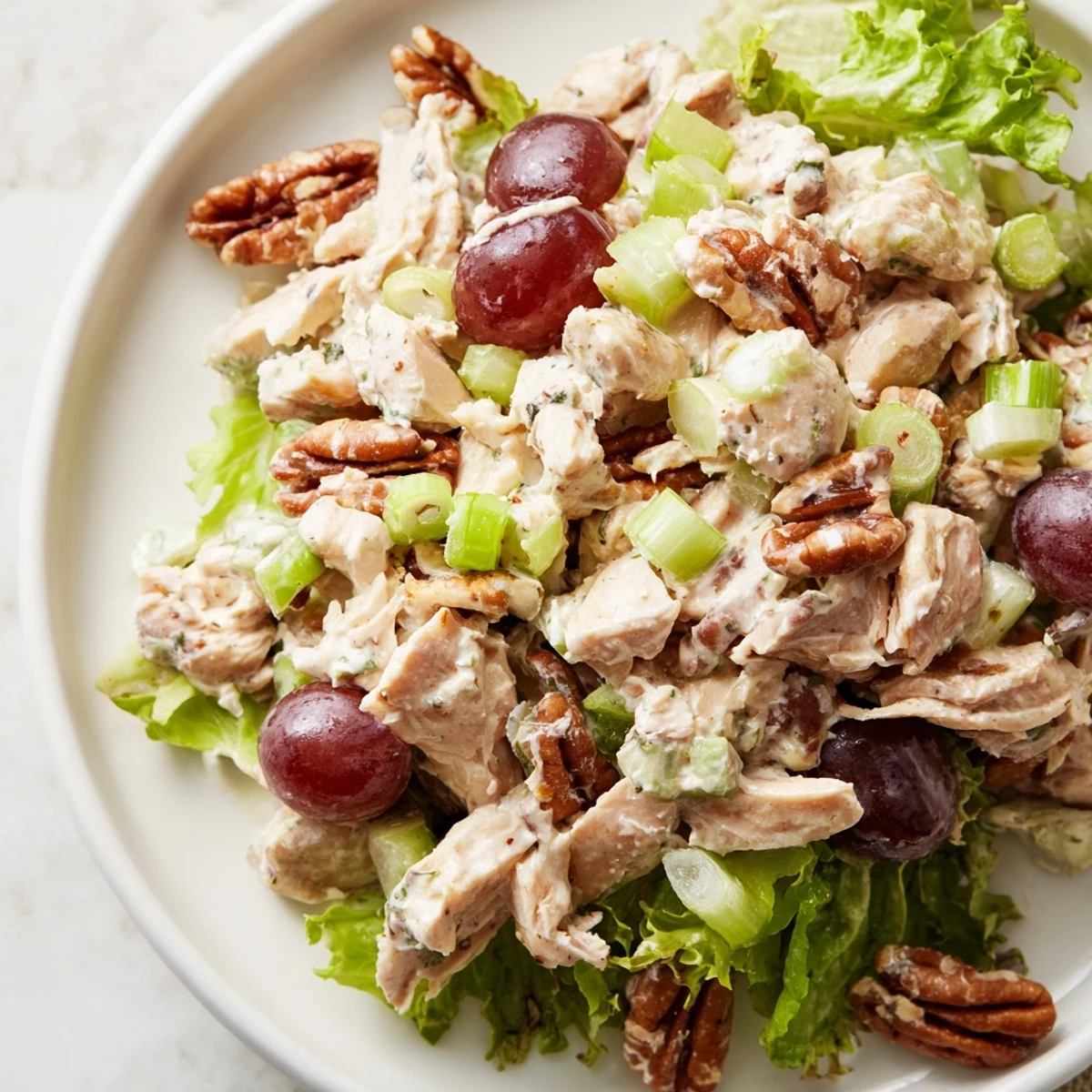 A bowl of Chicken Salad with Pecans featuring crunchy nuts, crisp veggies, and juicy grapes, ideal for wraps or sandwiches.