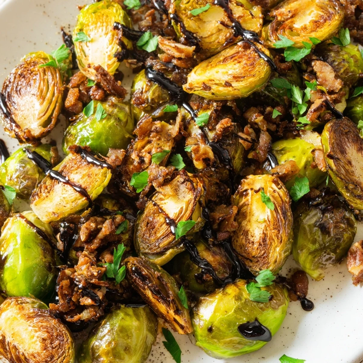 Golden brown, caramelized Roasted Brussels Sprouts with Turkey Bacon are tossed and served hot on a rustic platter.