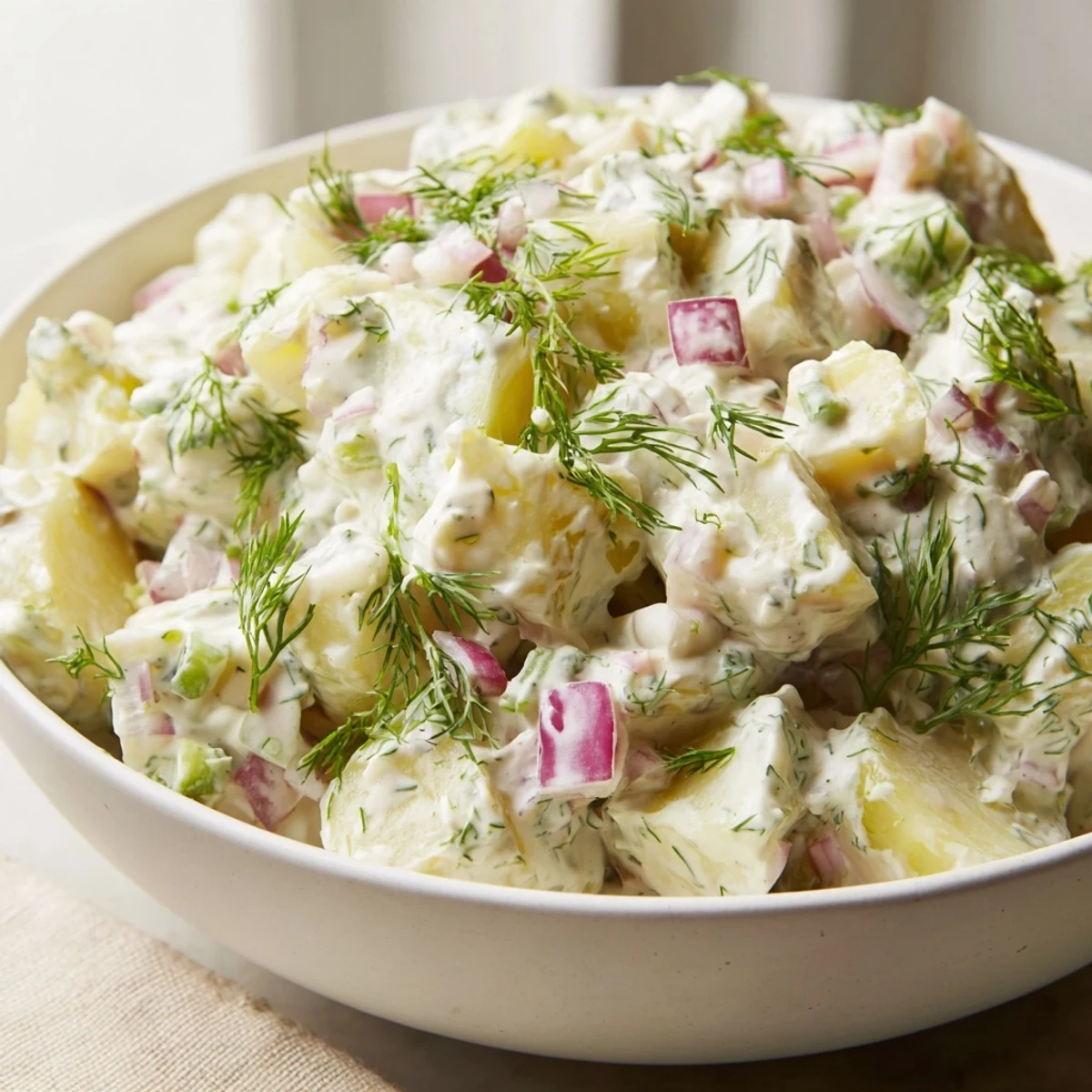 A picnic-ready bowl of Creamy Potato Salad with Dill garnished with extra dill, perfect alongside grilled meats.