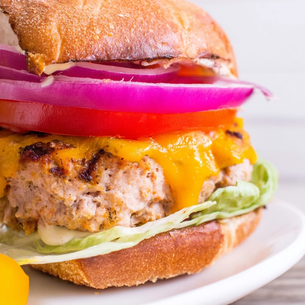 Golden-brown turkey burger with melted cheddar cheese on a toasted bun, topped with fresh lettuce, tomato, and red onion slices.
