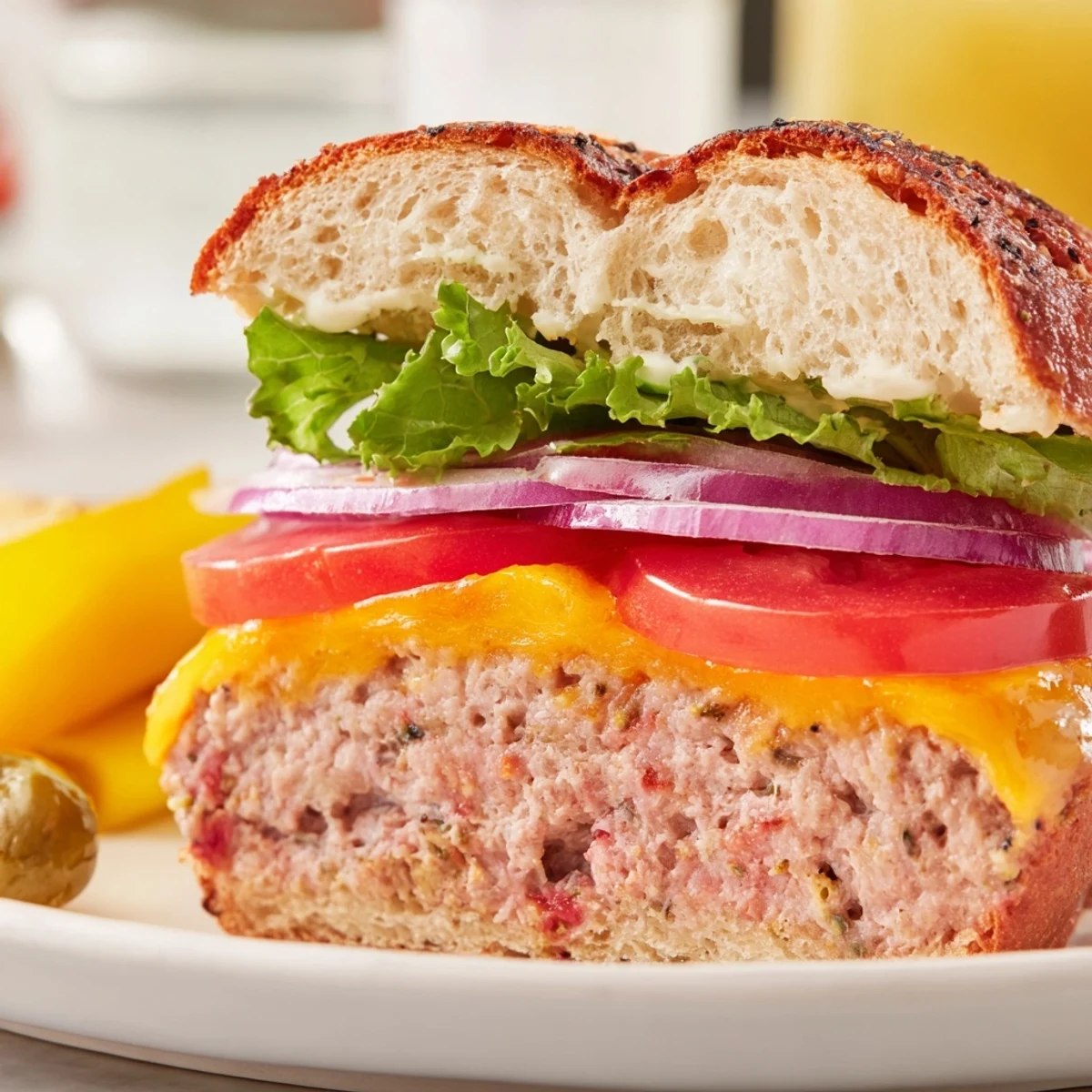 A juicy homemade turkey burger patty topped with gooey melted cheese, fresh lettuce, tomato, and pickles on a soft sesame bun.