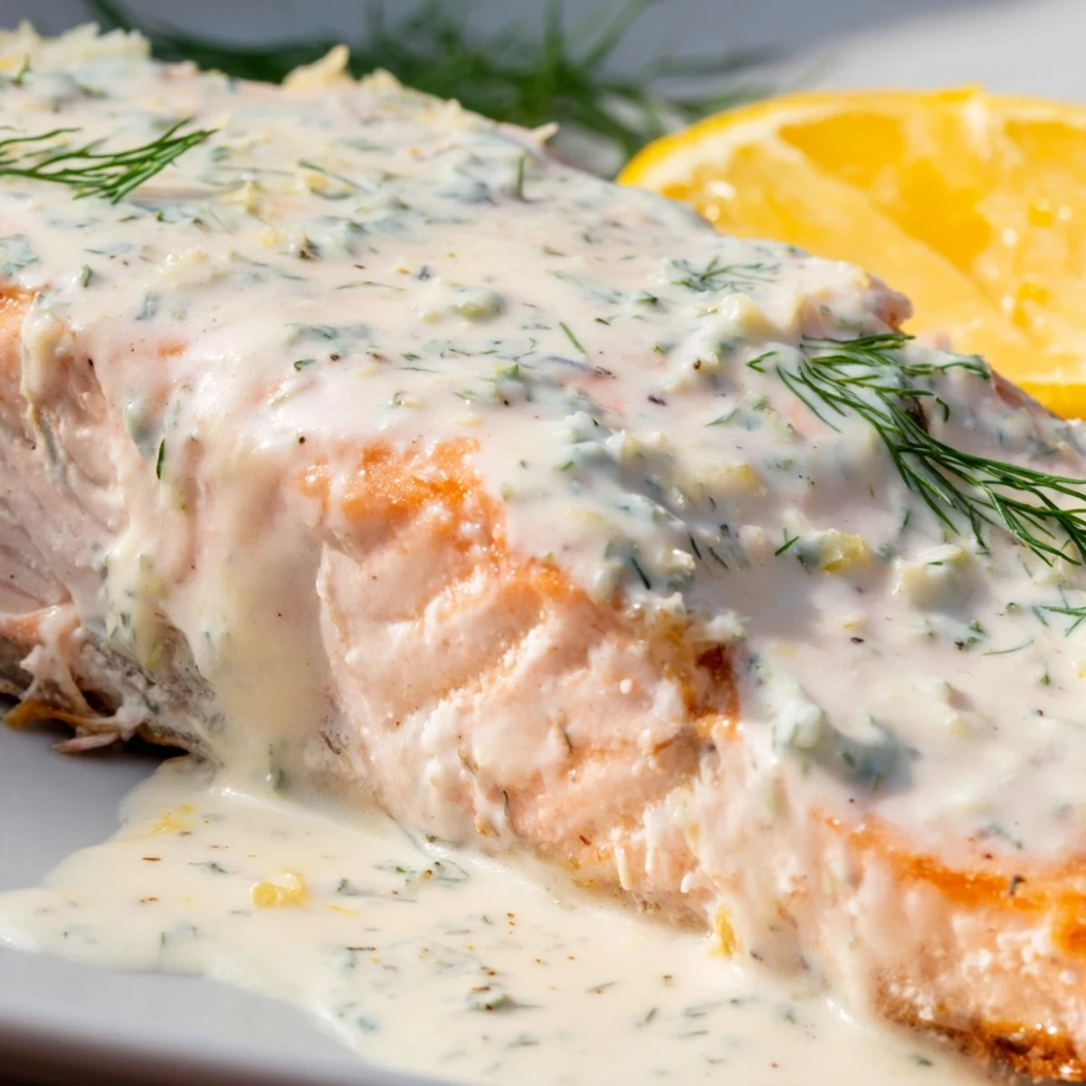 Perfectly cooked Baked Salmon with Lemon Dill Sauce, drizzled with creamy sauce and paired with a white wine.