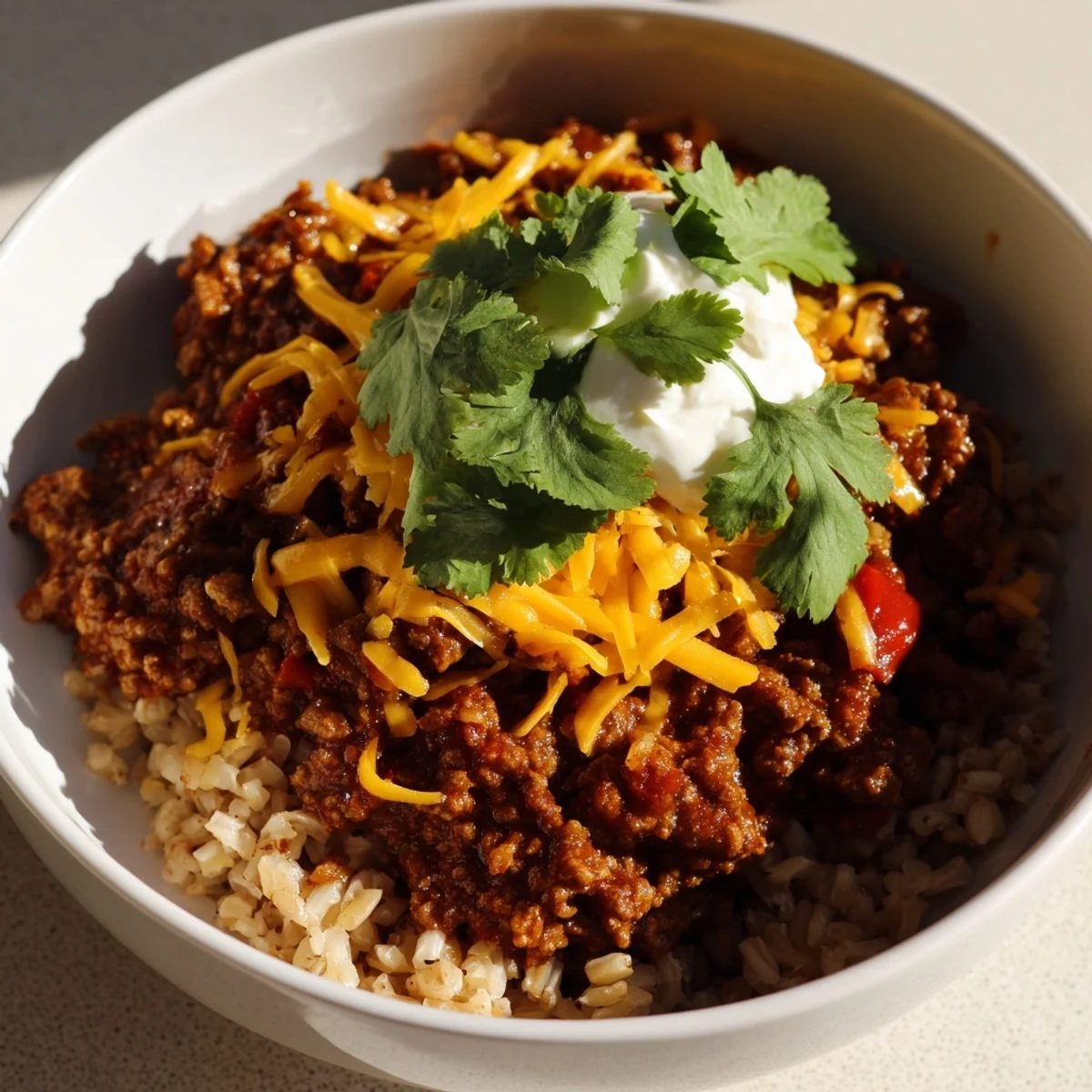 Cheesy Beef Burrito Bowl topped with tomatoes, corn, and black beans, served with a lime wedge.