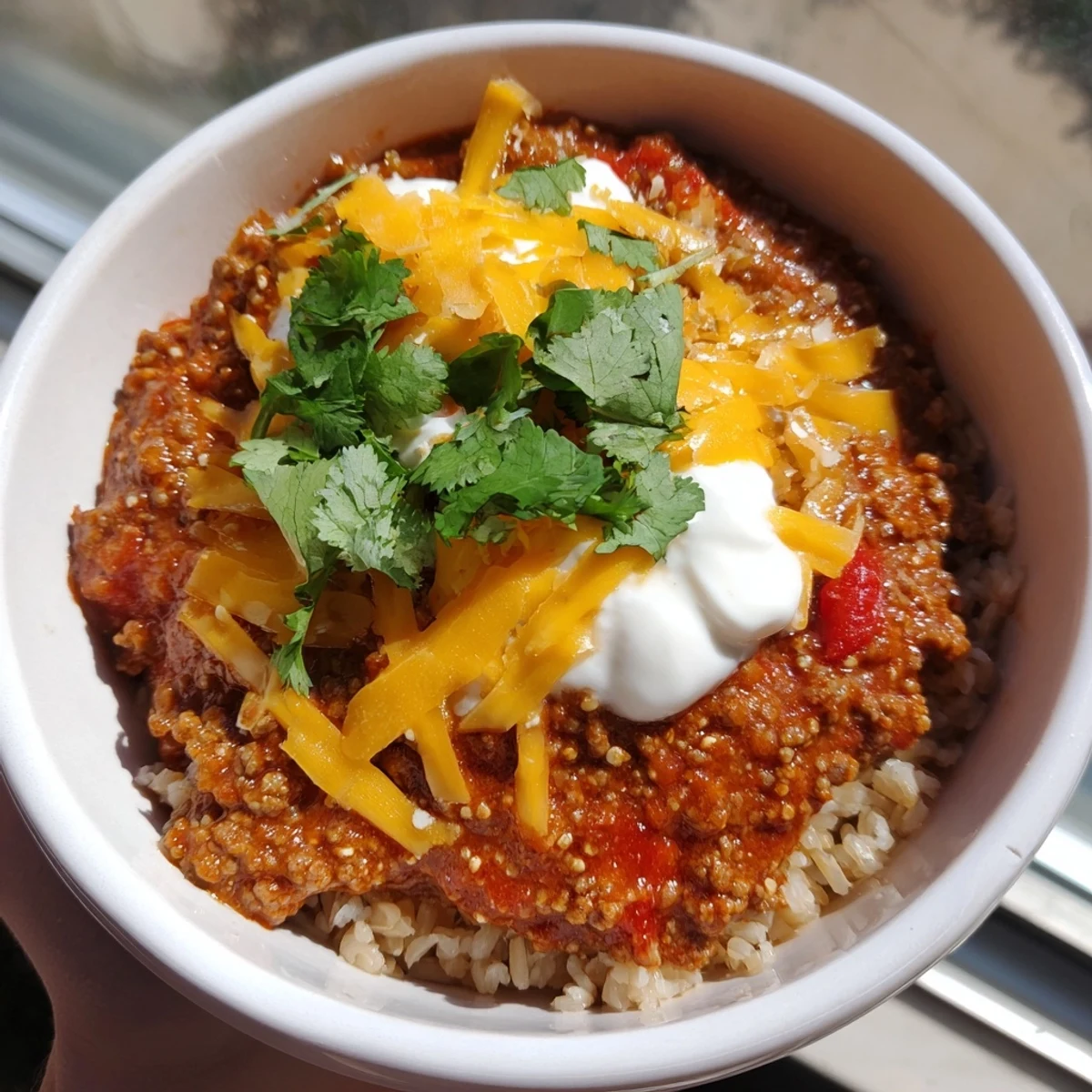 Seasoned ground beef and brown rice fill a bowl with fresh avocado and shredded lettuce.