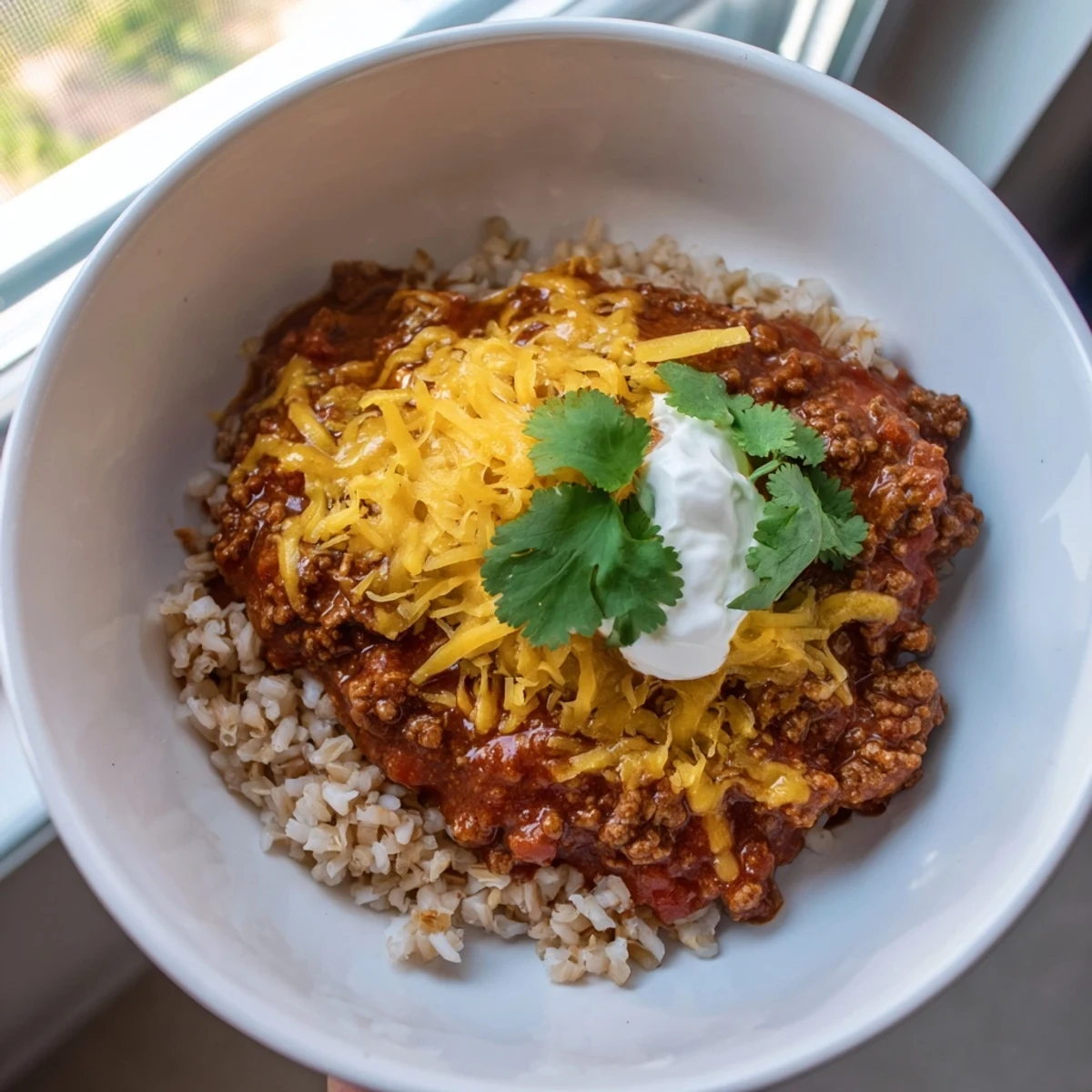 Hearty Mexican-inspired Beef Burrito Bowl with sour cream and cilantro, ready for a quick weeknight dinner.