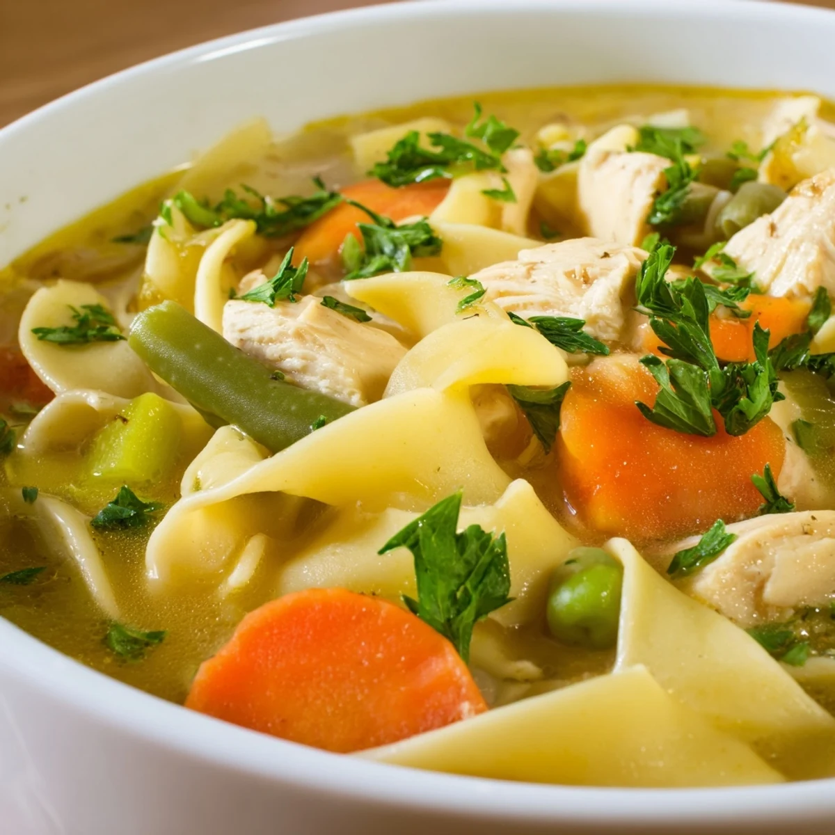 Hearty Chicken Vegetable Soup with Noodles steaming in a rustic bowl, loaded with tender chicken, carrots, celery, and peas in a savory broth.