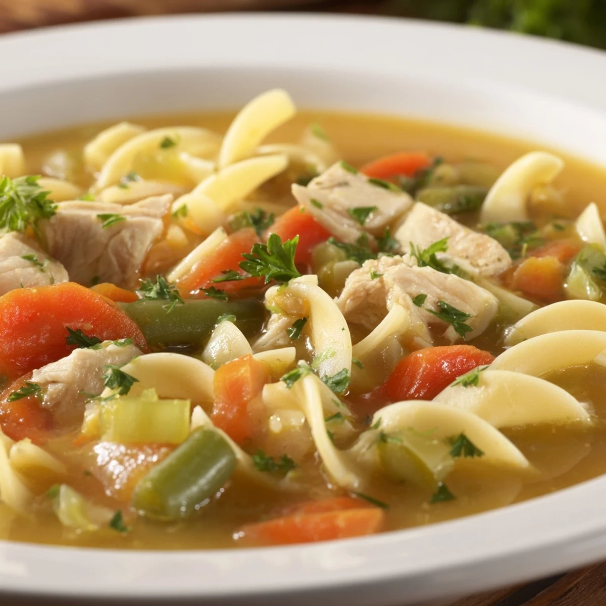 A close-up of Chicken Vegetable Soup with Noodles, featuring egg noodles coated in a golden broth with fresh parsley and bright green vegetables.