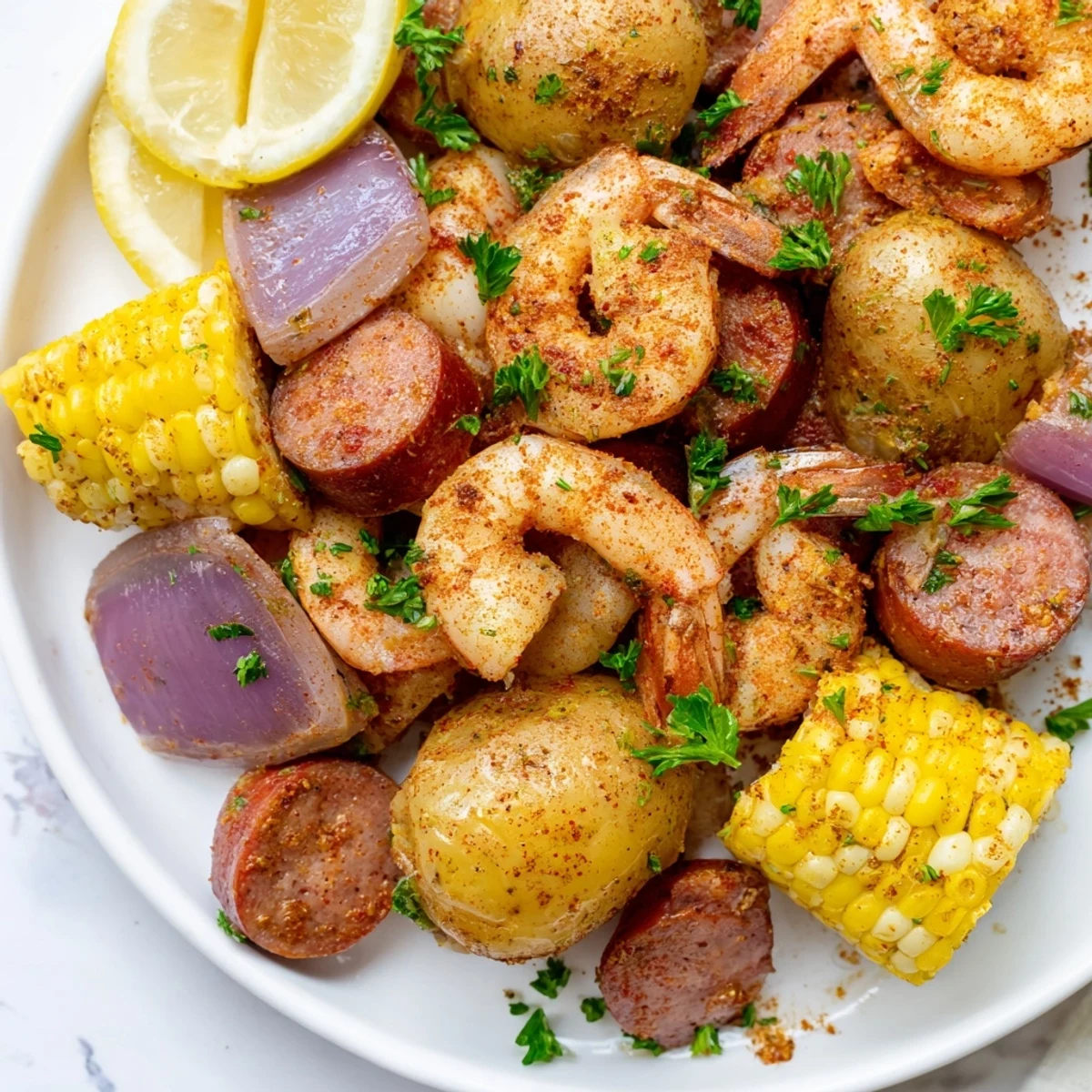 Family-style Sheet Pan Shrimp Boil with colorful vegetables and spices, served hot from the oven with bright lemon wedges.