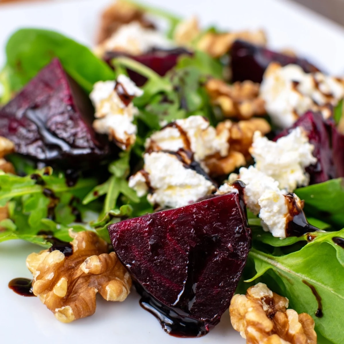 Freshly roasted beet wedges sit atop salad greens, garnished with crumbled goat cheese and toasted walnuts, all drizzled with a tangy balsamic vinaigrette.
