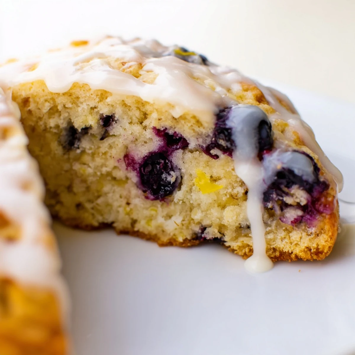 Freshly baked Lemon Blueberry Scones with a drizzle of sweet glaze on a white plate next to a cup of coffee.