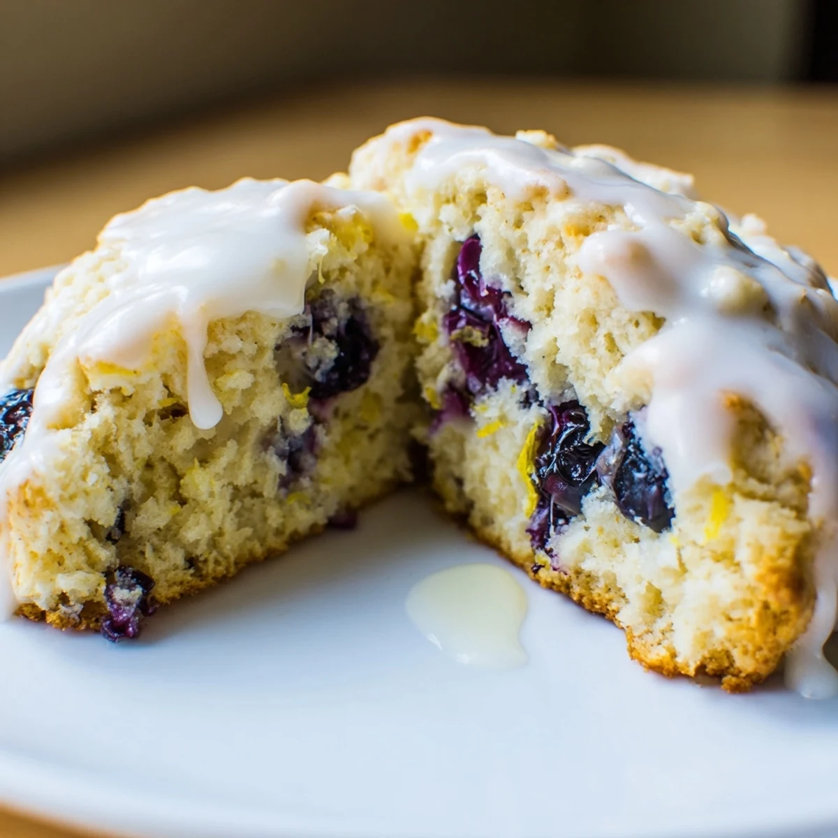 Golden brown Lemon Blueberry Scones on a wire cooling rack, featuring a bright lemon glaze dripping down the sides.