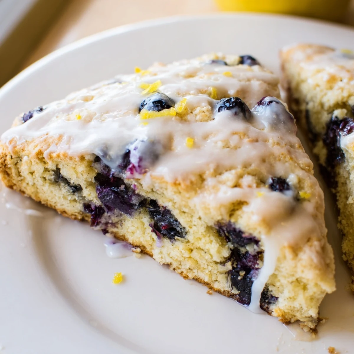 Close-up of a split Lemon Blueberry Scones revealing fluffy interior and bursts of juicy blueberries.