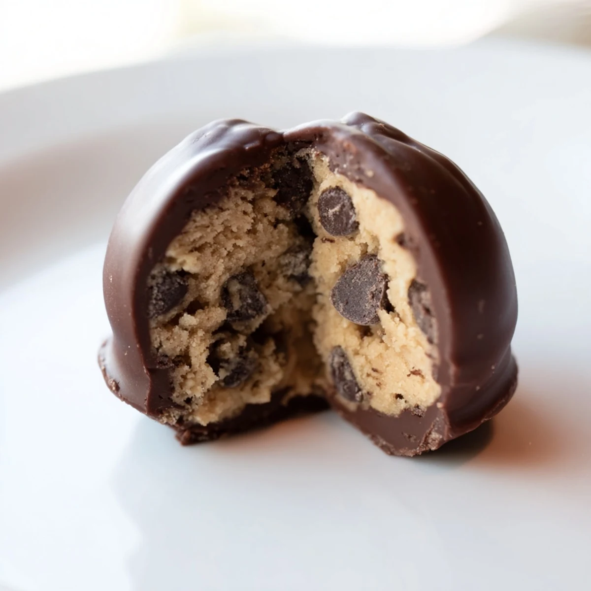 Chocolate Chip Cookie Dough Truffles: glossy, bite-sized balls of edible dough dipped in rich chocolate, served chilled on a marble platter.