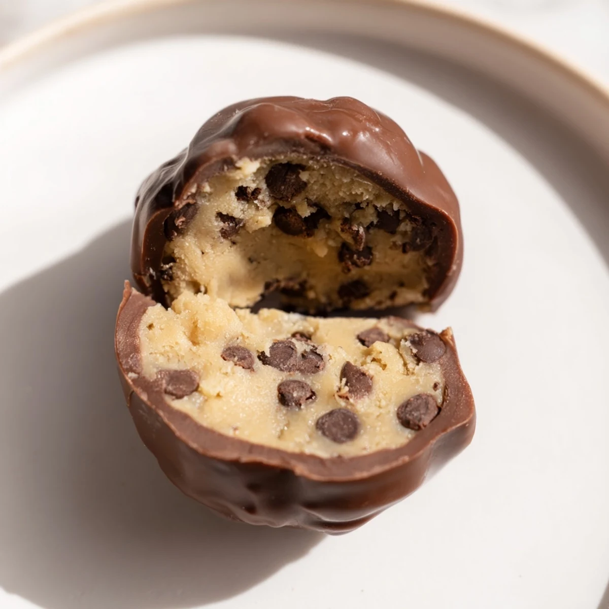 Dark chocolate coated Chocolate Chip Cookie Dough Truffles garnished with mini chips, nestled beside a glass of milk on a rustic table.