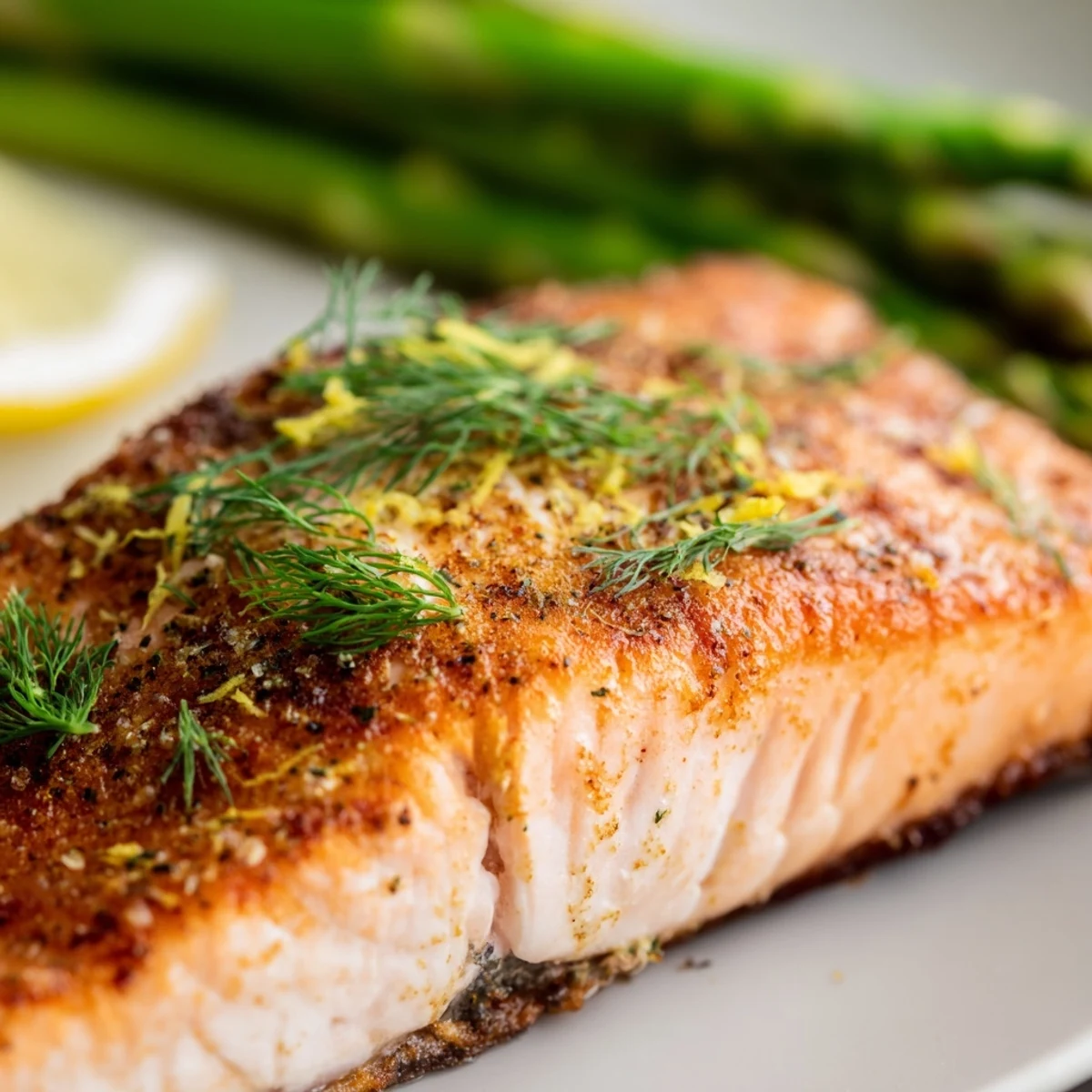 Crispy Air Fryer Salmon with Asparagus sits atop fresh lemon wedges and aromatic dill garnish, ready to serve.