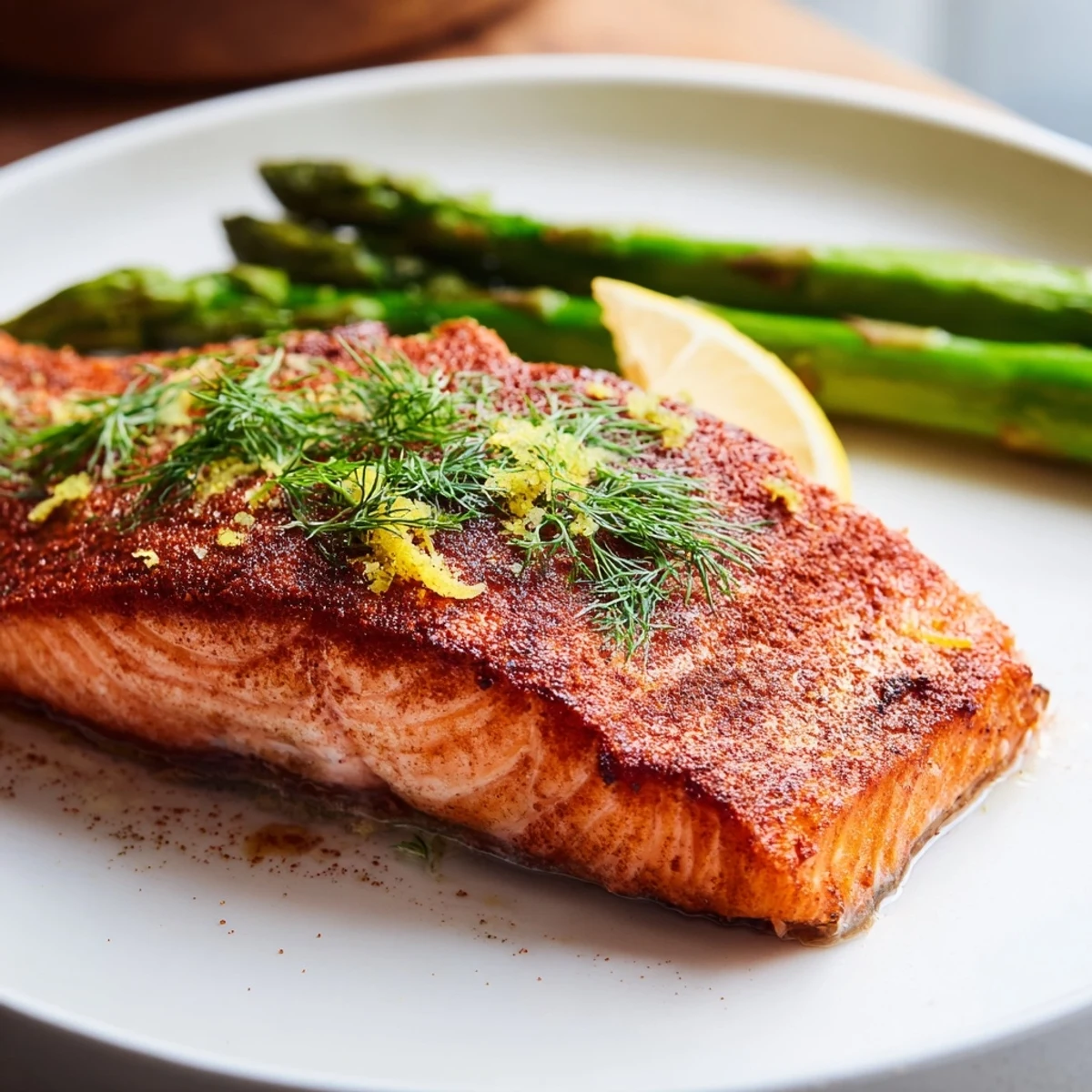 An overhead shot of Crispy Air Fryer Salmon with Asparagus beside tender greens and a bright lemon wedge garnish.