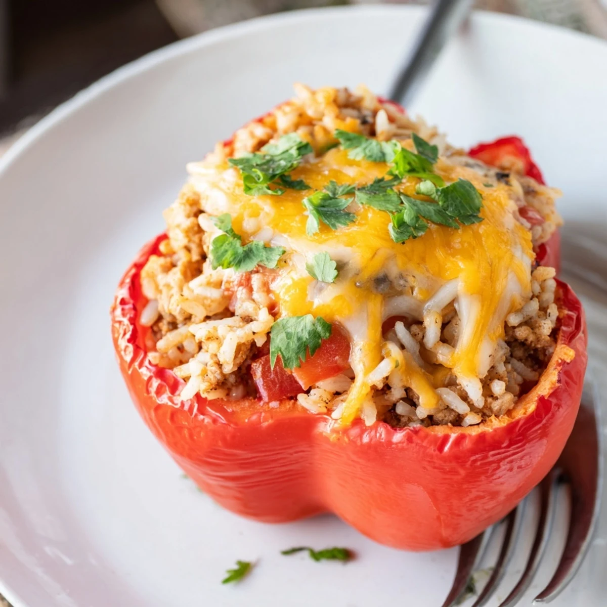 Melty cheddar cheese tops four colorful stuffed peppers on a rustic plate, garnished with fresh parsley.