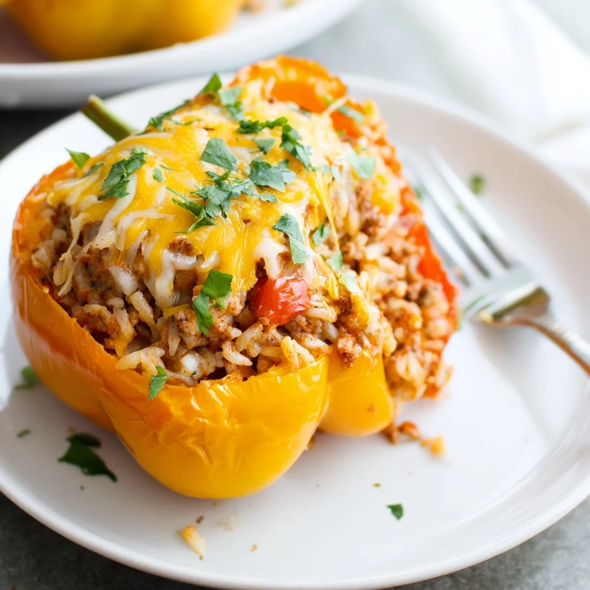 Freshly baked turkey stuffed bell peppers, cut in half to show the savory meat and rice filling.