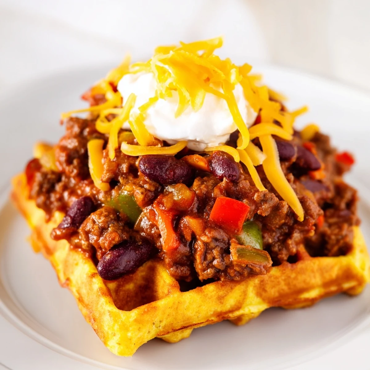Hearty beef chili with beans and tomatoes served on a hot, crispy cornbread waffle, finished with a dollop of sour cream and fresh cilantro for a comforting meal.