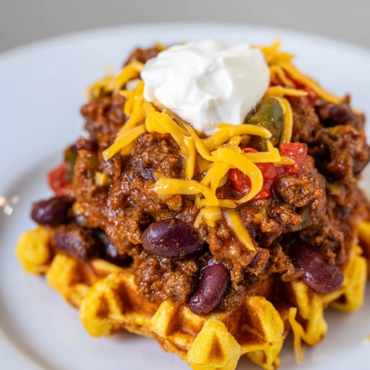 A plated serving of spicy beef chili spooned onto a sweet cornbread waffle, garnished with shredded cheese and scallions, perfect for a cozy family dinner.