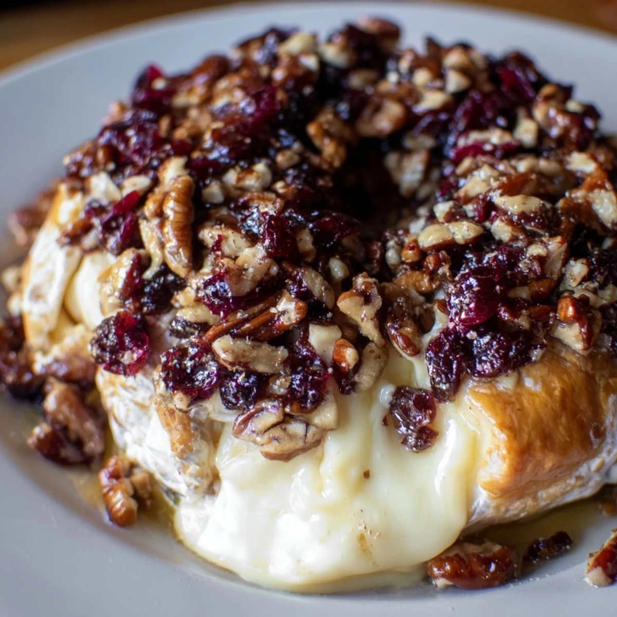 Golden-brown Baked Brie with Cranberry Pecan Topping bubbling on a platter, surrounded by toasted baguette slices for a holiday appetizer.