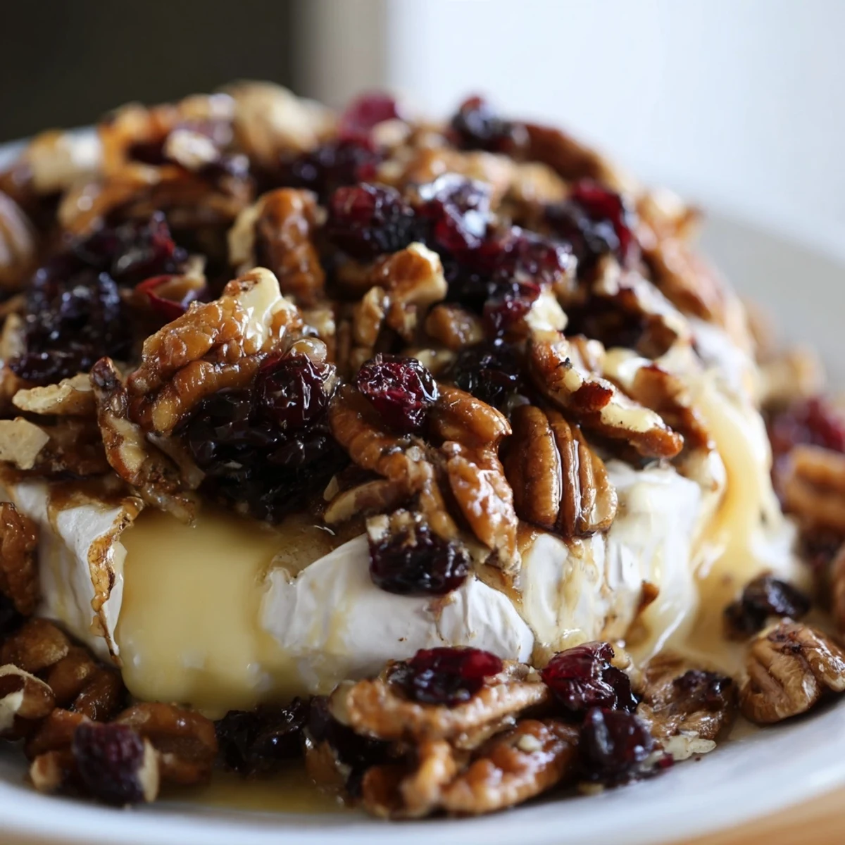 A close-up of warm, gooey Baked Brie with Cranberry Pecan Topping melting over the rind, served with sharp cheddar crackers.