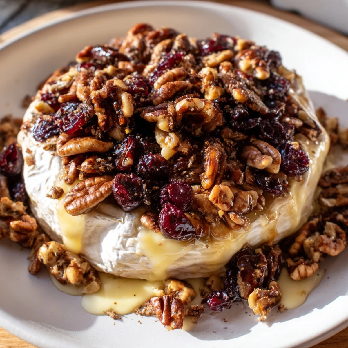 A festive wheel of Baked Brie with Cranberry Pecan Topping garnished with fresh rosemary, ready to serve with crisp apple slices.