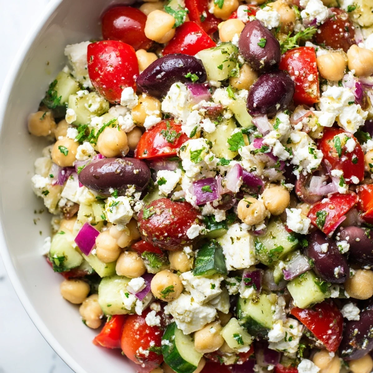 Vibrant Mediterranean Chickpea and Feta Salad tossed with Kalamata olives and fresh parsley, ready to serve on a white plate.