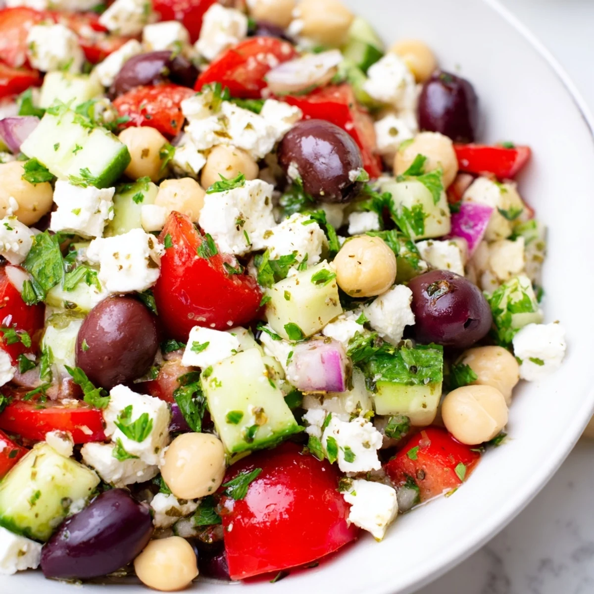 Fresh Mediterranean Chickpea and Feta Salad in a rustic bowl, garnished with lemon wedges and drizzled with olive oil.