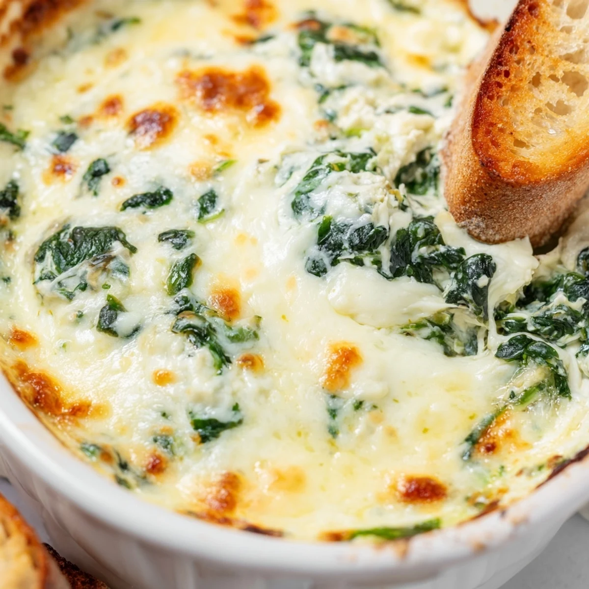 Fresh, bubbling Creamy Spinach Dip with herbs and melted cheese, served alongside rustic sourdough bread cubes for dipping.