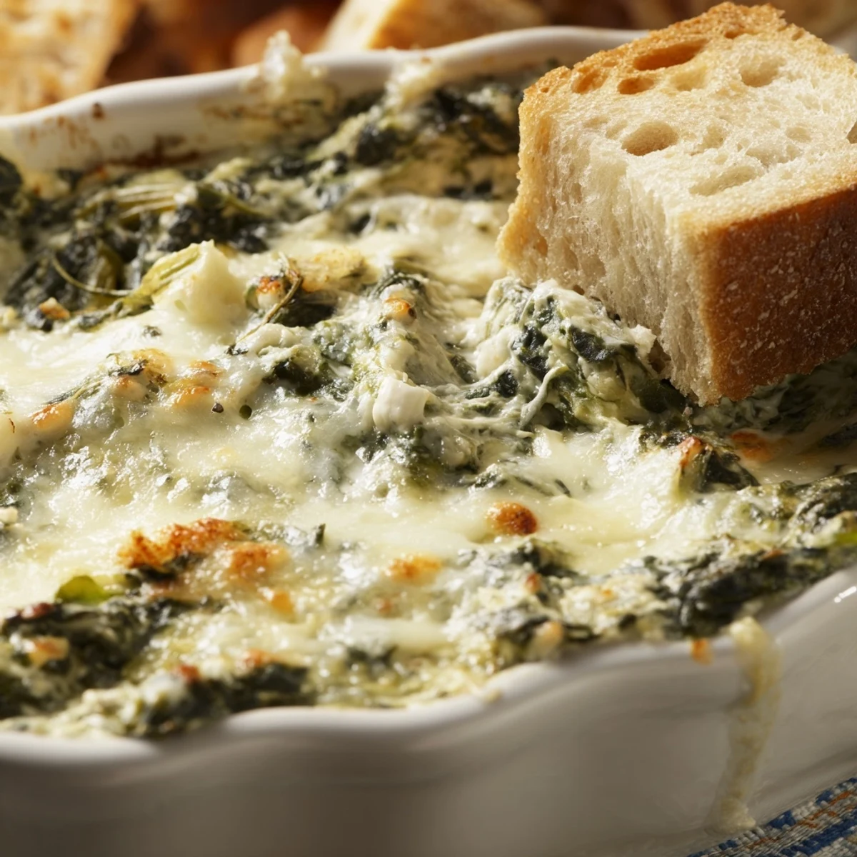 A warm bowl of Creamy Spinach Dip surrounded by toasted sourdough slices, perfect for a cozy party appetizer platter.