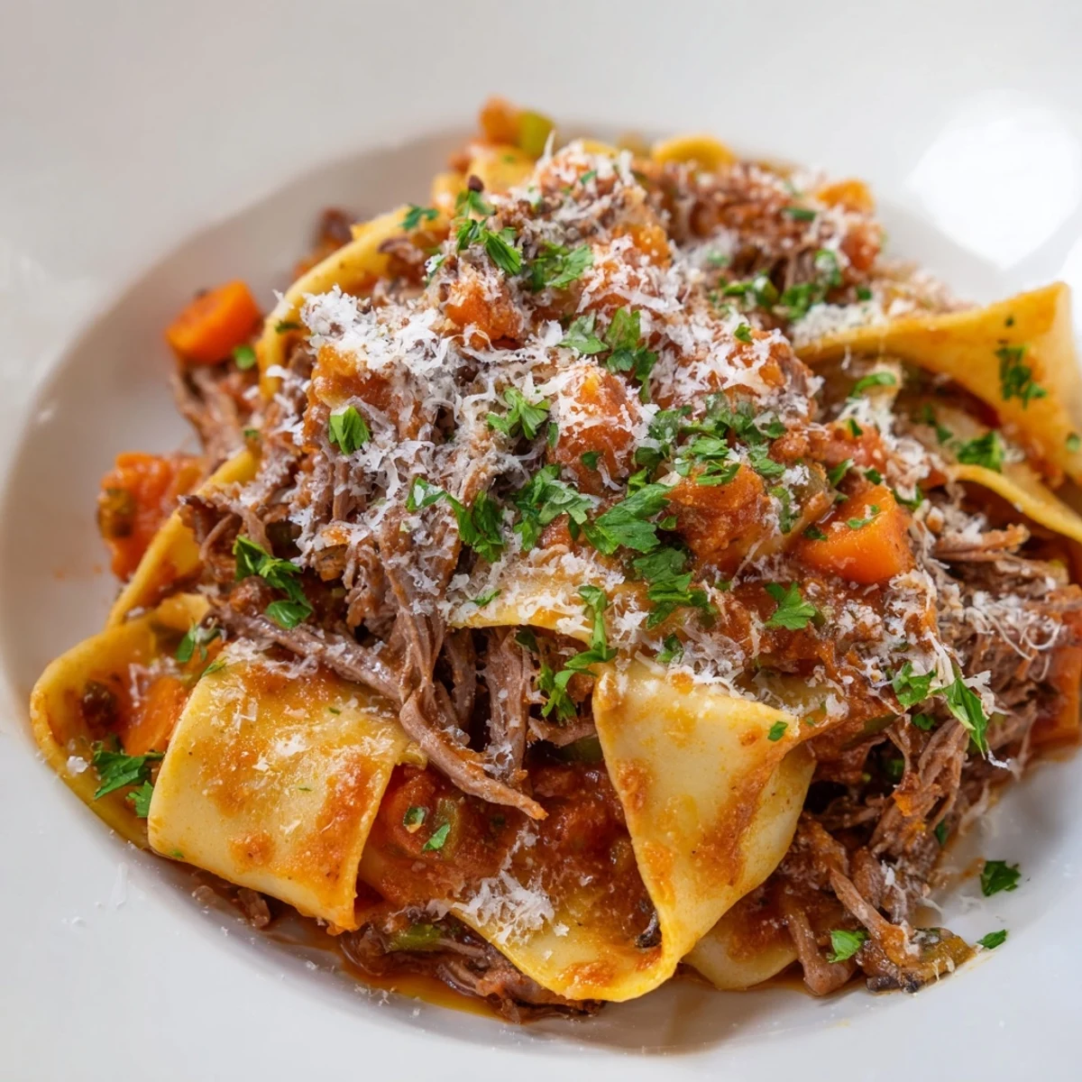 Steaming Slow Cooker Beef Ragu with silky, wide pappardelle and freshly grated Parmesan, ready for a cozy, family-style Italian dinner.