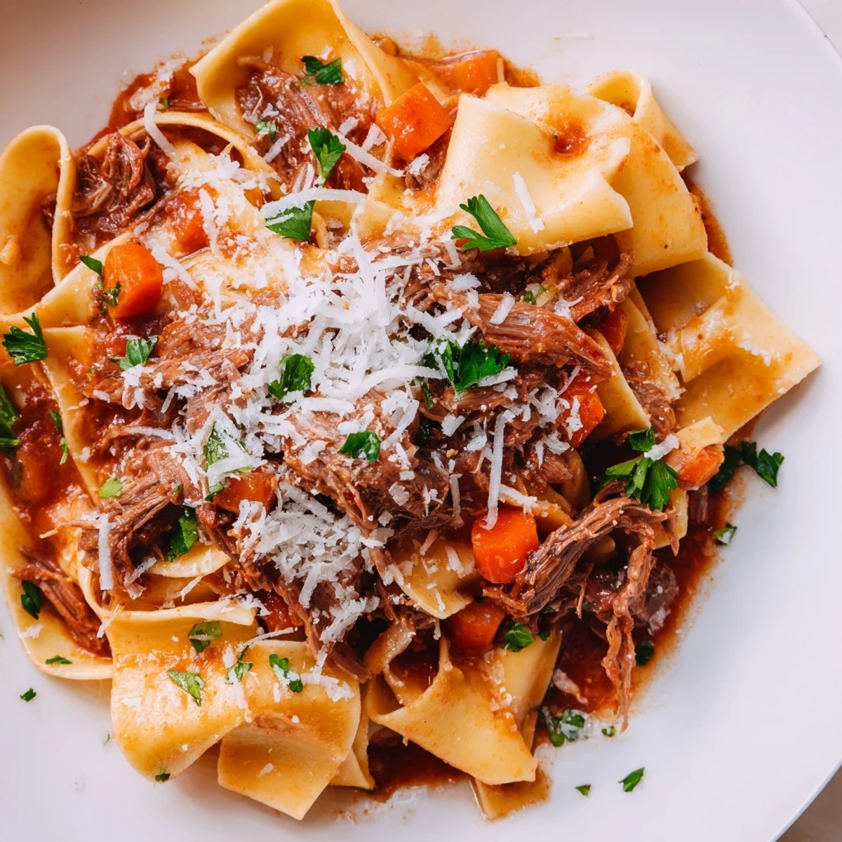 Tender, saucy Slow Cooker Beef Ragu spooned over wide pappardelle noodles, garnished with fresh parsley and grated Parmesan cheese.