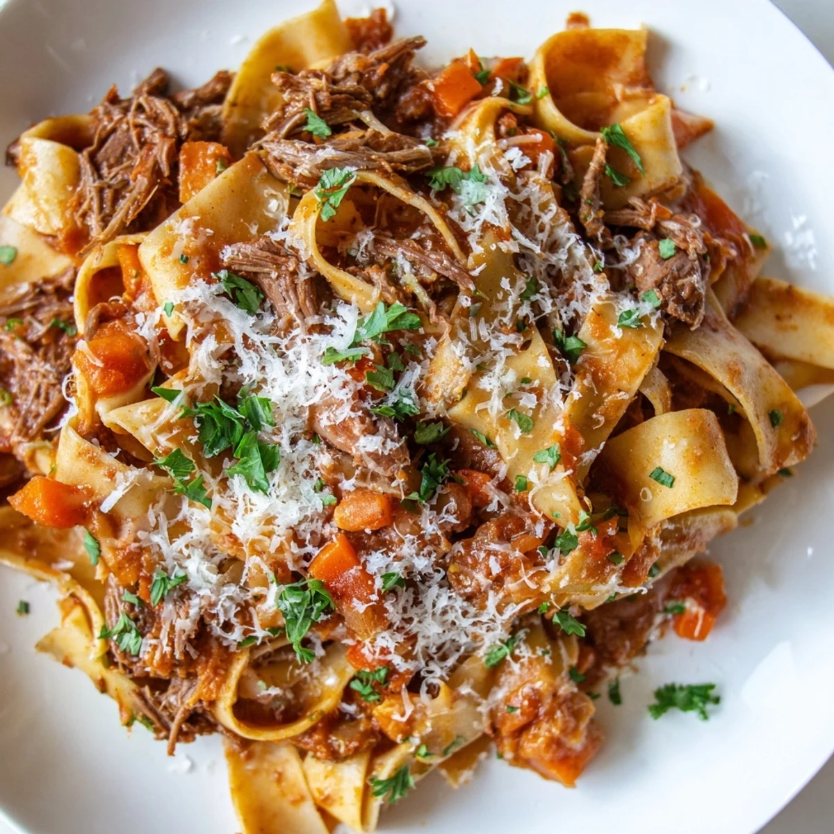 Richly braised Slow Cooker Beef Ragu tossed with wide, silky pappardelle, finished with fresh parsley and Parmesan on a rustic table.